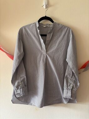 Uniqlo Boyfriend Navy and White Pinstripe Grandad Collar Shirt